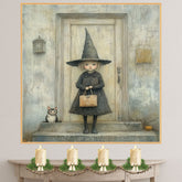 Whimsical Halloween Portrait of Little Witch Girl with Vintage Purse and Kitten on an Aged Porch, Subtle Spooky Charm in Soft Muted Autumn Tones on Ready to Hang 1.5" Thick Canvas Wrap, Floating Framed Canvas, Flat Rolled Canvas